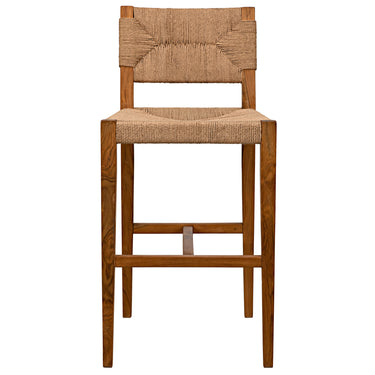 A brown counter stool with a woven seat and Teak wood frame.